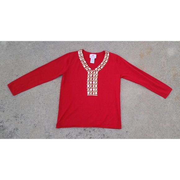 Vtg Quacker Factory Jeweled Holiday V-neck Sweater - Picture 1 of 5